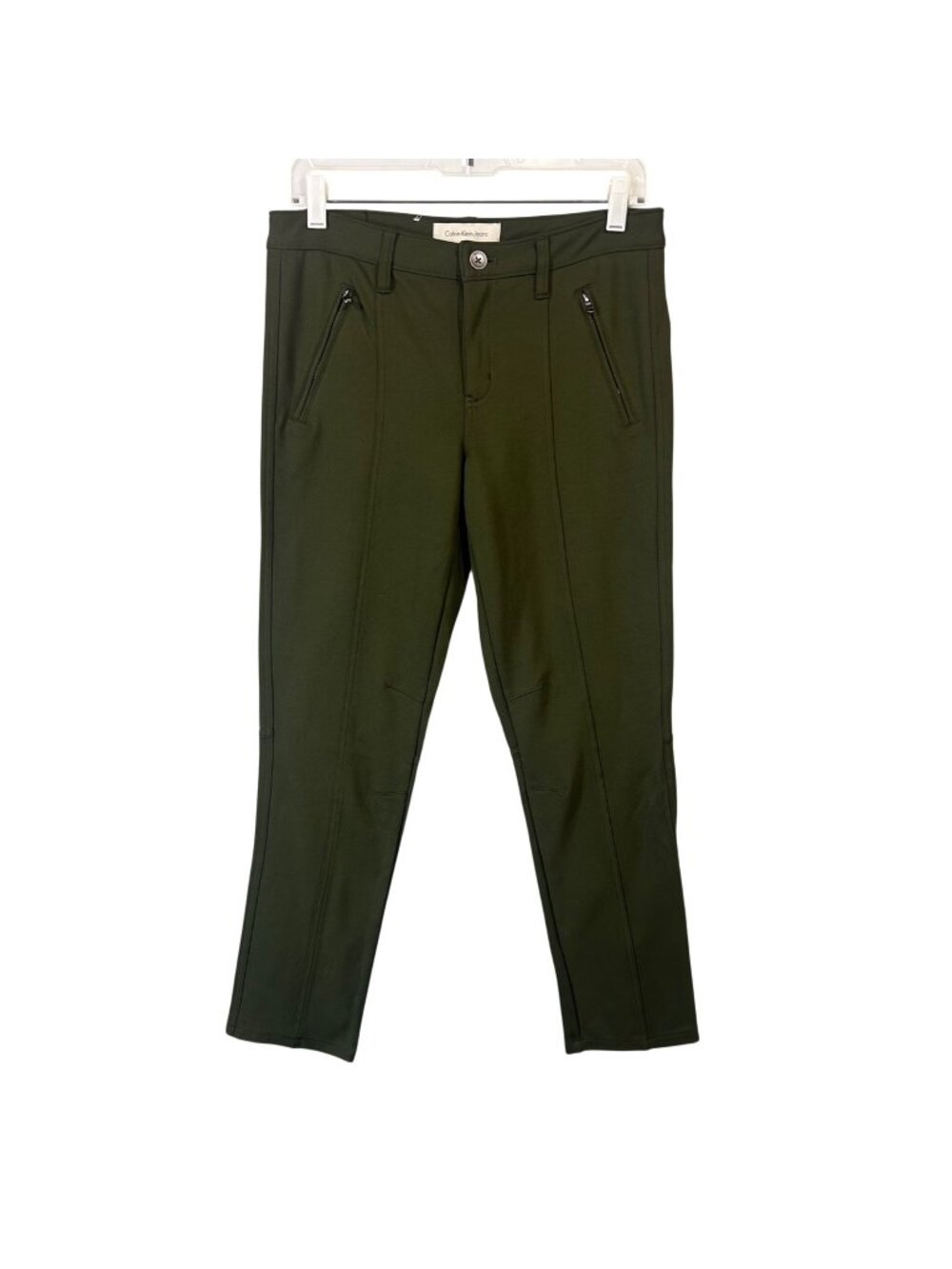 Calvin Klein Olive Green Stretch Pants With Faux Zipper Pockets Size 30 EUC